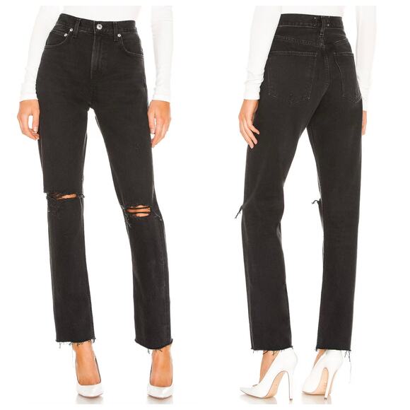 AGOLDE Cherie High Rise Straight Jean Distortion Black Wash Distressed - Picture 1 of 10